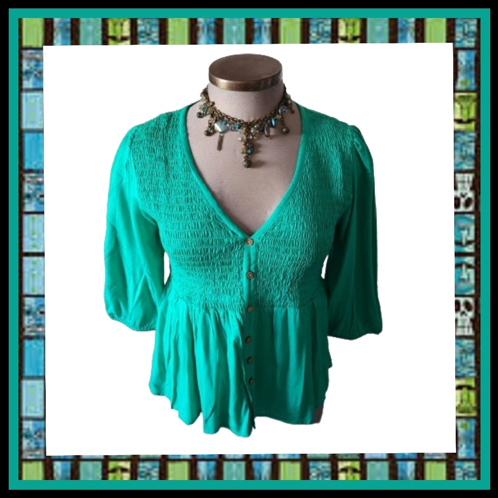 TEAL ☆ SMOCKED ☆ V NECK  ☆ BABYDOLL TOP ☆ NWT